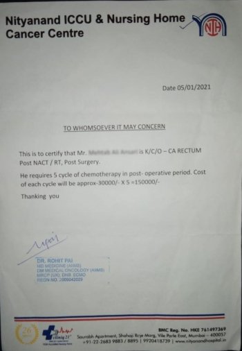 Donation directly through Nityanand ICCU Nursing Home & Cancer Center, Vile Parle East, Mumbai  for Ca Rectum Chemotherapy